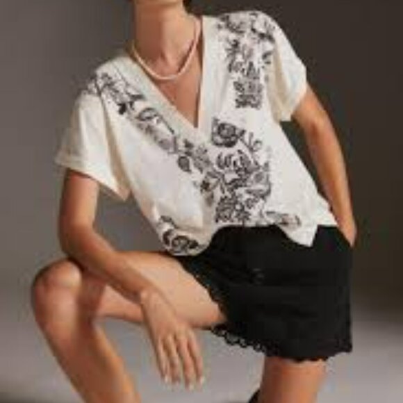 Black&Cream Colored, V-Neck Short-Sleeve Top- Pre Loved Anthroplogie - Picture 2 of 12